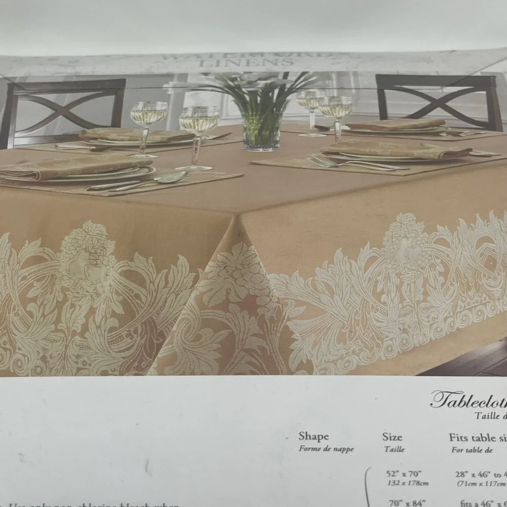 Waterford Linens Chaparrel Beige Fabric Tablecloth 52x70 Oblong Floral Jacquard